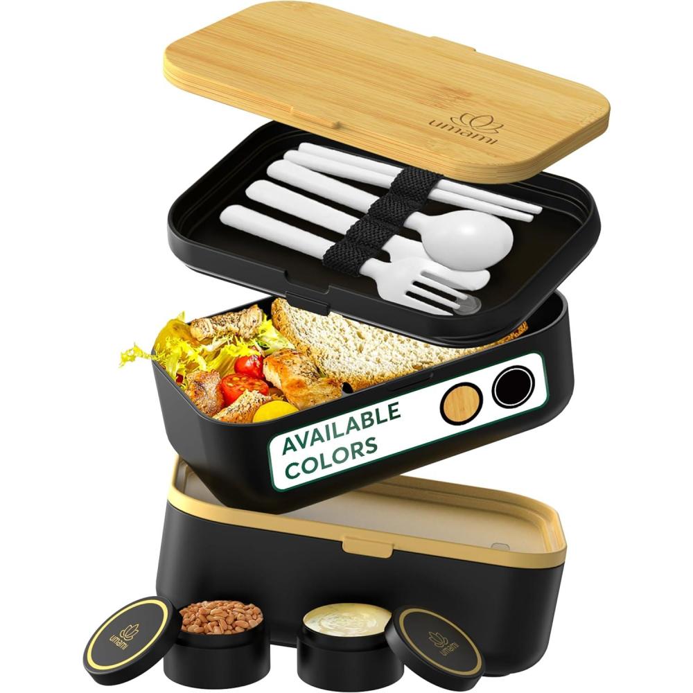 Umami Bento Box Adult All-In-1 w/4 Utensils, Big Sauce Jar, 2 Dividers ...