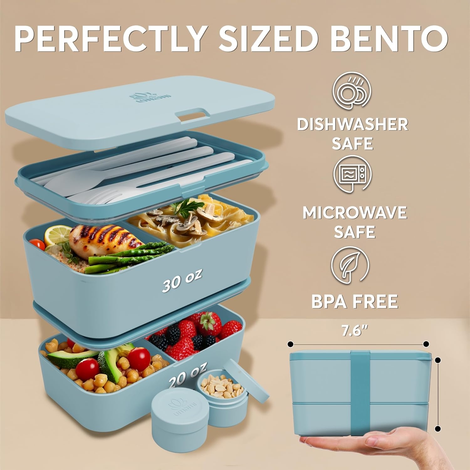 image:imageUmami Bento Box Adult AllIn1 w 4 Utensils 100 Leakproof Design Award Winner Microwave amp Dishwasher Safe Lunch Containers for Adults w 4 Compartments