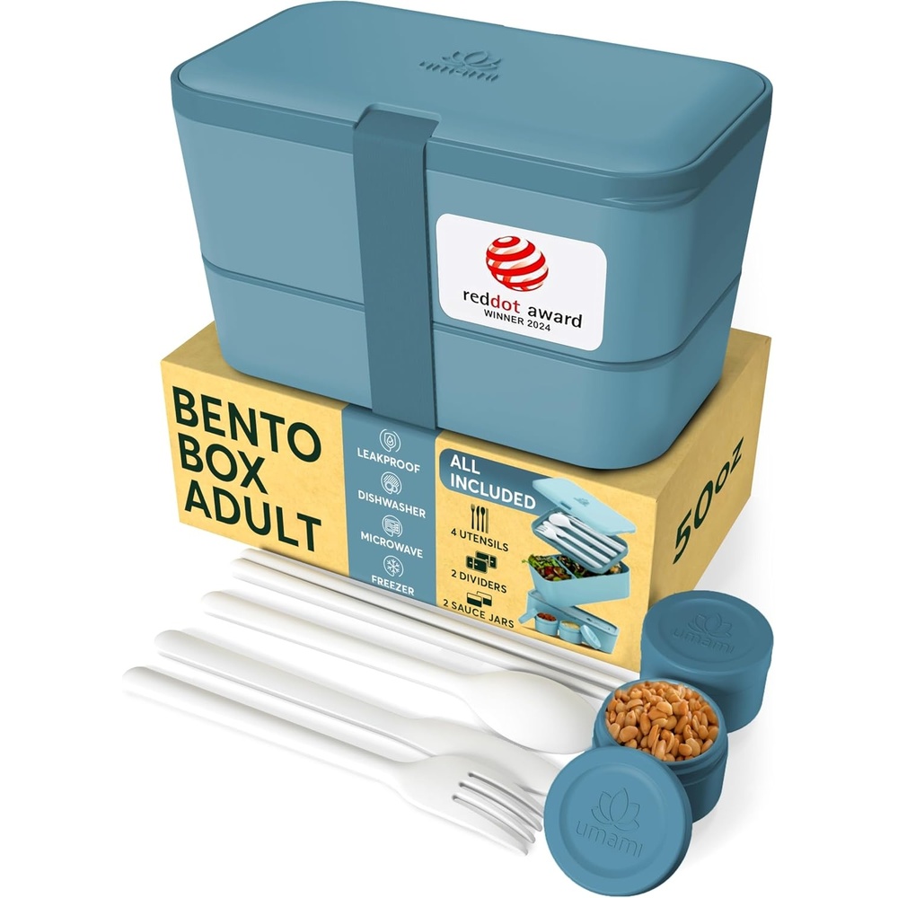 image:imageUmami Bento Box Adult AllIn1 w 4 Utensils 100 Leakproof Design Award Winner Microwave amp Dishwasher Safe Lunch Containers for Adults w 4 Compartments