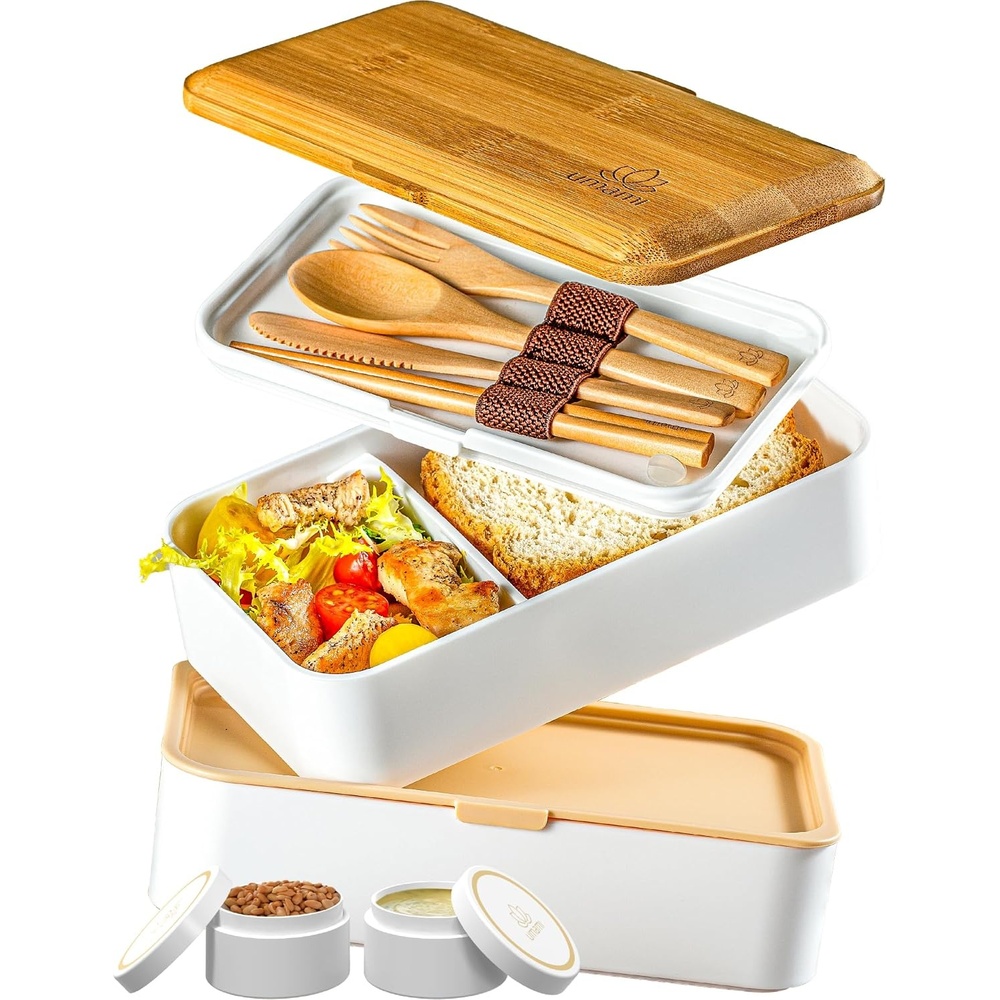 image:imageUmami Bento Box Adult Allin1 w 4 Utensils 100 Leakproof Dishwasher amp Microwave Safe Lunch Containers for Adults w 4 Compartments Blue and Gold Special Edition Ukraine 40 ozWhite Tan